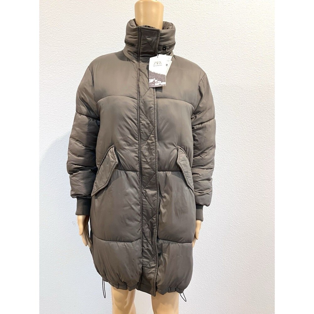 Zara Women Long Puffer Hooded Coat Jacket Ski Collection Taupe Small 8073/042